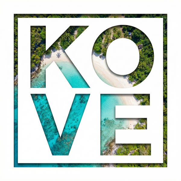 Aerial view of a tropical island with the word 'KOVE' overlaid on it.